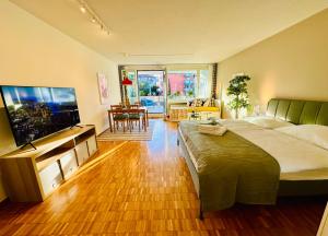 a bedroom with a large bed and a flat screen tv at New Studio with sunny terrace in Zurich