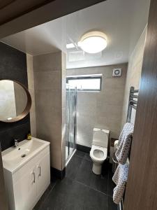 La salle de bains est pourvue de toilettes, d'un lavabo et d'un miroir. dans l'établissement Countryside Chalet near Glasgow, à Glasgow