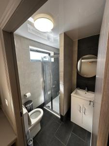 La salle de bains est pourvue de toilettes et d'une douche en verre. dans l'établissement Countryside Chalet near Glasgow, à Glasgow