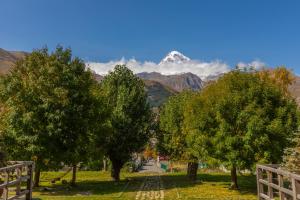um caminho com árvores e uma montanha ao fundo em Intourist Kazbegi em Stepantsminda