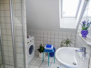 a bathroom with a washing machine and a sink at City-Dachapartment Mainz in Mainz