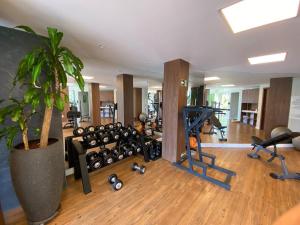 um ginásio com muitos equipamentos de exercício e uma planta em vasos em Hotel Serrano Gramado - Apto Particular 452 em Gramado