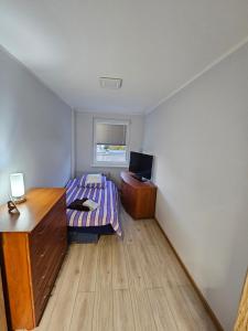 翁格羅維茲的住宿－Lipowa, noclegi.，一间卧室配有一张床、一张书桌和一台电视