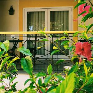 a balcony with a table and a red flower at Sashas Holiday Village in Vagator