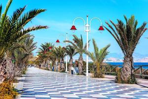 a sidewalk lined with palm trees and street lights at Santa Pola port, sea view in Santa Pola
