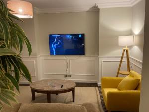 開羅的住宿－Lovely 2 bedroom by the Nile，客厅设有黄色沙发和电视