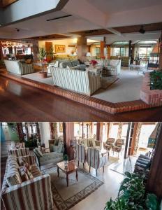 uma ampla sala de estar com sofás, mesas e cadeiras em Apartamento Pousada do Serrano em Gramado