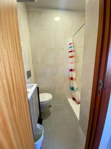 a bathroom with a toilet and a shower at houses&halfhouses historic street in Caminha