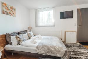een slaapkamer met een bed en een tv aan de muur bij Cocoon Studio in Lochau