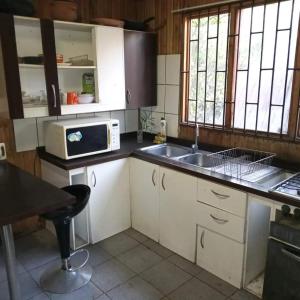 cocina con fregadero y microondas en CASA kuntur en Cajon del Maipo