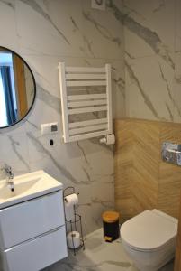 a bathroom with a toilet and a sink and a mirror at Apart4You Apartamenty Nowy Targ in Nowy Targ