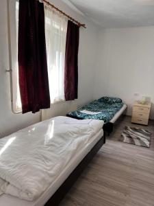 1 dormitorio con 2 camas y ventana en Csokonai Apartman, en Salgótarján