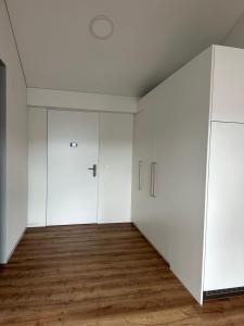 una stanza vuota con armadi bianchi e pavimenti in legno di Neue Einzimmer Dachwohnung a Seengen