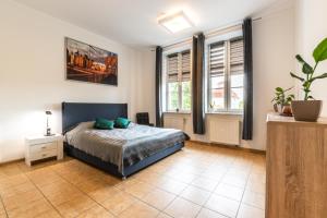 1 dormitorio con 1 cama y 2 ventanas en Willa Bema en Olsztyn