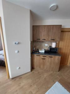 a small kitchen with wooden cabinets and a microwave at Golden Apartman in Zlatibor