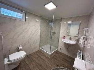 een badkamer met een douche, een toilet en een wastafel bij Rheinischer Hof Appartements in Leverkusen