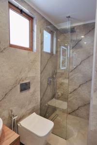 a bathroom with a toilet and a glass shower at Vila Shpetimi in Ksamil