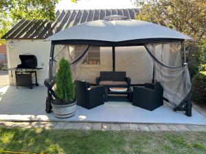 a gazebo with chairs and an umbrella in a yard at A Spicy Swedish Cottage in Salt Lake City