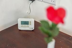 a clock sitting on top of a table next to a flower at Contractors & Pets Welcome - Sleeps 1-4, less than 1 mile from M606, Ideal for Longer Stays in Cleckheaton