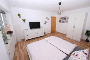 sypialnia z łóżkiem i telewizorem na komodzie w obiekcie NATURBLICK Apartments 2 Moderne Ferienwohnung w mieście Grebenhain