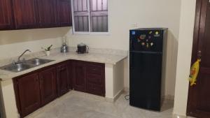 La cuisine est équipée d'un réfrigérateur noir et d'un évier. dans l'établissement Apartamentos JuanSabeloTodo, à Santiago de los Caballeros 20 autres photos