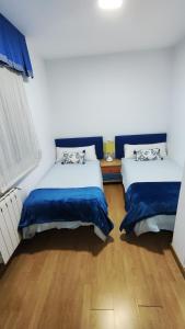サンティアゴ・デ・コンポステーラにあるApartamento Rio Sar garaje incluidoのベッドルーム1室(青いシーツが備わるベッド2台付)
