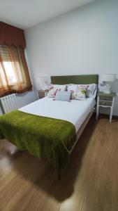 een slaapkamer met een groot bed en een groene deken bij Apartamento Rio Sar garaje incluido in Santiago de Compostela