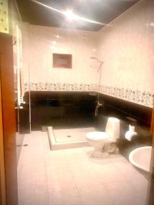 uma casa de banho com um WC, um chuveiro e um lavatório. em апартаменты em Tbilisi