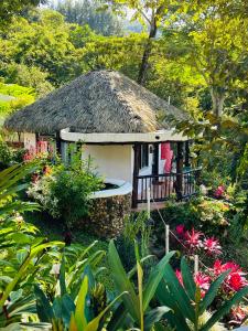 a small house with a thatched roof in a garden at Villa La Fortuna in Filipina