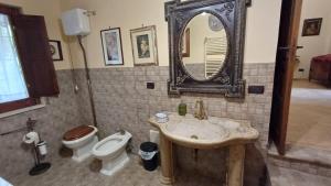 bagno con lavandino, servizi igienici e specchio di bed and breakfast Grotta dell'Olio a Sarno
