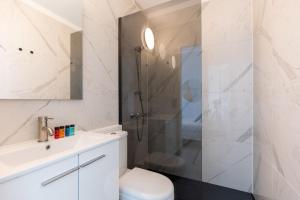 een badkamer met een douche, een toilet en een wastafel bij Moderne lichtrijke studio vlakbij strand en casino Middelkerke in Middelkerke