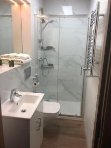 a bathroom with a shower and a sink and a toilet at Studio Flat in London