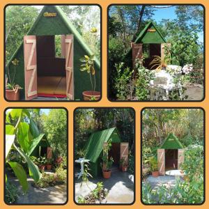 a group of four pictures of a green iguana house at Camping D'Tente Paradise in Saint-Louis