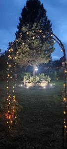 un arco con luces en un patio por la noche en LES GORGES DU VERDON chalet en Riez
