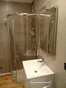 y baño con ducha, lavabo y espejo. en B&B Il Giardino di Circe - Filadelfia (VV), en Filadelfia
