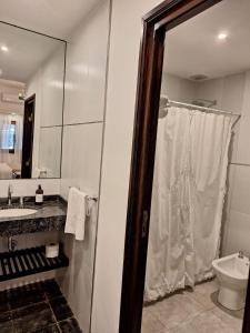 a bathroom with a shower and a sink and a toilet at Posada del Cerro in Salta