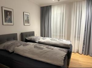 2 camas en una habitación con ventana en Apartment in Bad Wilhelmshöhe mit großem Balkon im Grünen und kostenfreien Parkplätzen, en Kassel