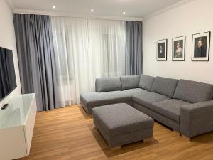 Una sala de estar con un sofá y un televisor. en Apartment in Bad Wilhelmshöhe mit großem Balkon im Grünen und kostenfreien Parkplätzen, en Kassel