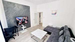 un salon avec un canapé et une télévision à écran plat dans l'établissement Cozy and Modern 1 Bedroom 3 room Apartment, à Wiesbaden