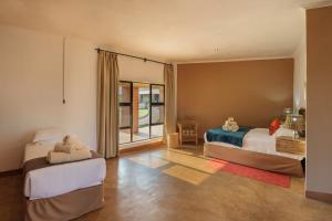 sypialnia z 2 łóżkami i oknem w obiekcie The Nkhosi Livingstone Lodge and Spa w mieście Livingstone