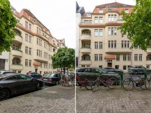 two pictures of cars parked in front of a building at Stary Browar Cosy Studio in Poznań