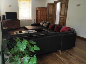 a black couch with red pillows in a living room at Granny Cottage. in Marchin