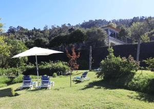 een groep stoelen en een paraplu in een tuin bij MyStay - Quinta da Balança in Terras de Bouro