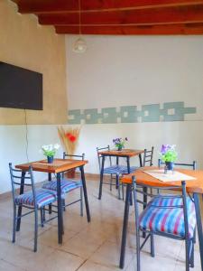 a group of tables and chairs with flowers on them at BACANO hostel in Las Heras