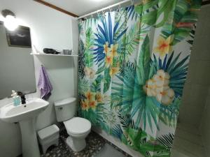 a bathroom with a shower curtain with a toilet and a sink at Cabaña Uka Moana in Hanga Roa