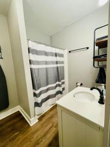 uma casa de banho com um lavatório e um chuveiro em Legend's Orchard-close To Downtown And Baylor em Waco