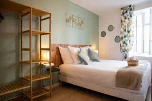1 dormitorio con cama y estante para libros en Spacieux et douillet T2 au centre en Valence