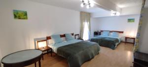 Habitación de hotel con 2 camas y mesa en Mas des Marbres Sauvages - la Grange 6 chambres grand parc à 3 km de la plage, en Sainte-Marie-la-Mer