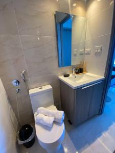 een badkamer met een toilet, een wastafel en een spiegel bij Apartamento con piscina infinita frente al mar en Avenida Balboa PH The Sand in Panama-Stad