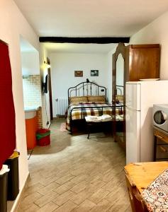 um quarto com uma cama e um frigorífico. em Casa Cipriano large beautiful Apt 120 m2 and small adorable Studio monolocale 23 m2 em Torretta